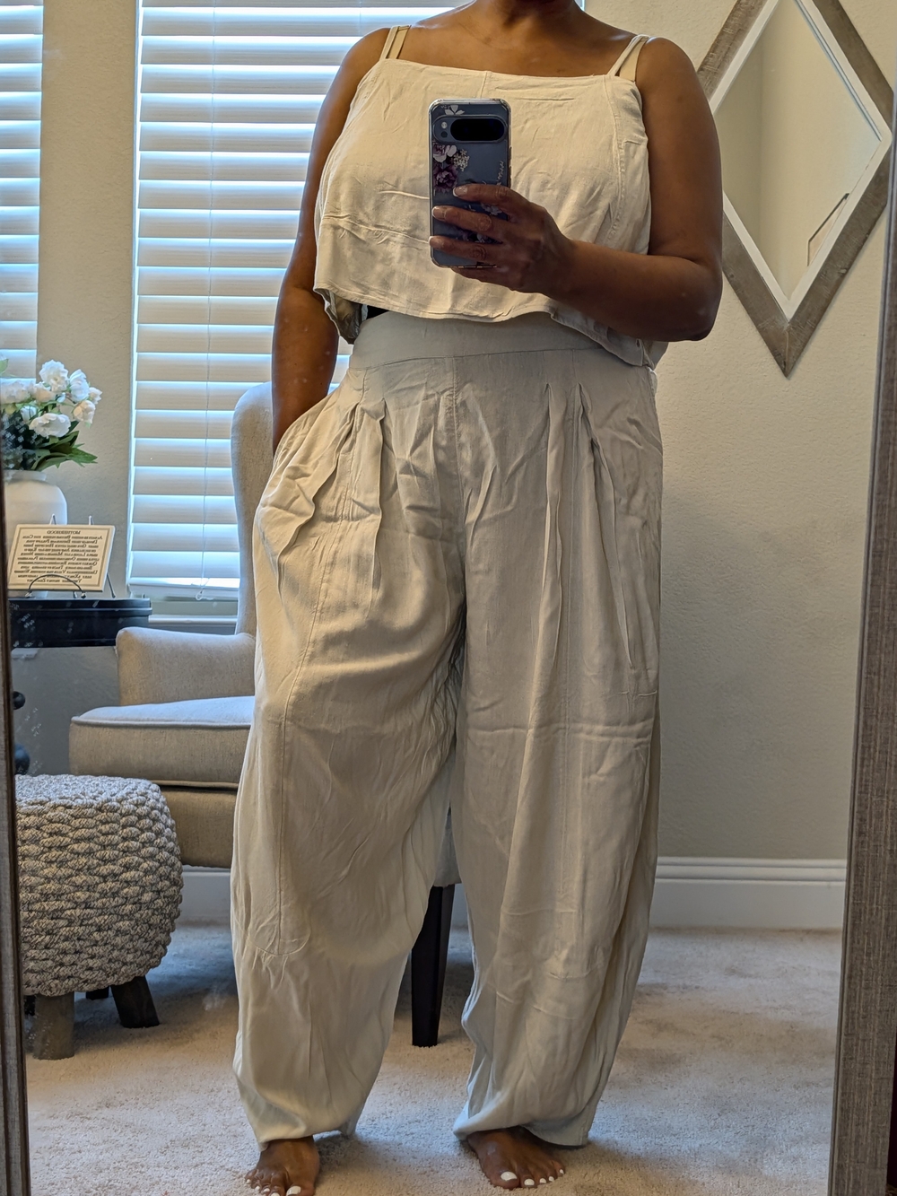 Free People Cream Two Piece Wide Leg Pants Set XL